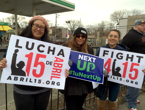 Teamsters 856 Members (L-R) Joi Razon, Elena Hernandez, and Mariko Davis at the Fight for 15 rally in Chicago.