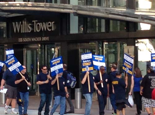 United Airlines Teamsters from across the county send a message the  company's shareholder meeting in Chicago on June 10.