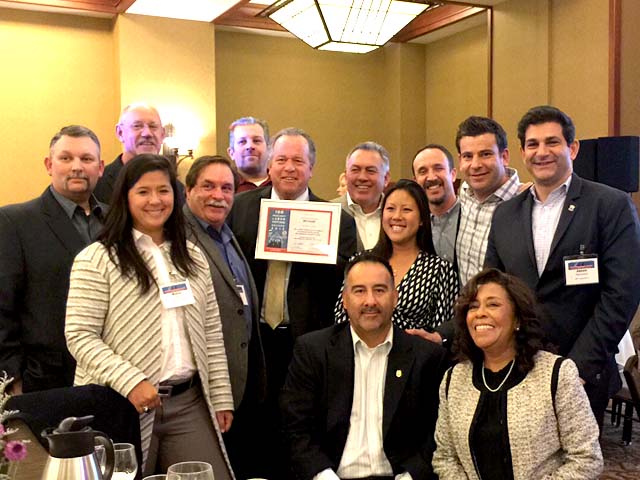 Teamsters 856 staff, including Principal Officer Peter Finn, Political Director Trish Blinstrub and Public Policy Coordinator Malia Vella with Assemblymember Bill Dodd, who was honored for his 100% Labor voting record.