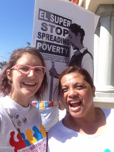 Eileen Attridge (r) with Teamsters 856 sister and new friend, Mahalia LeClerc support workers organizing at El Super in Southern California.